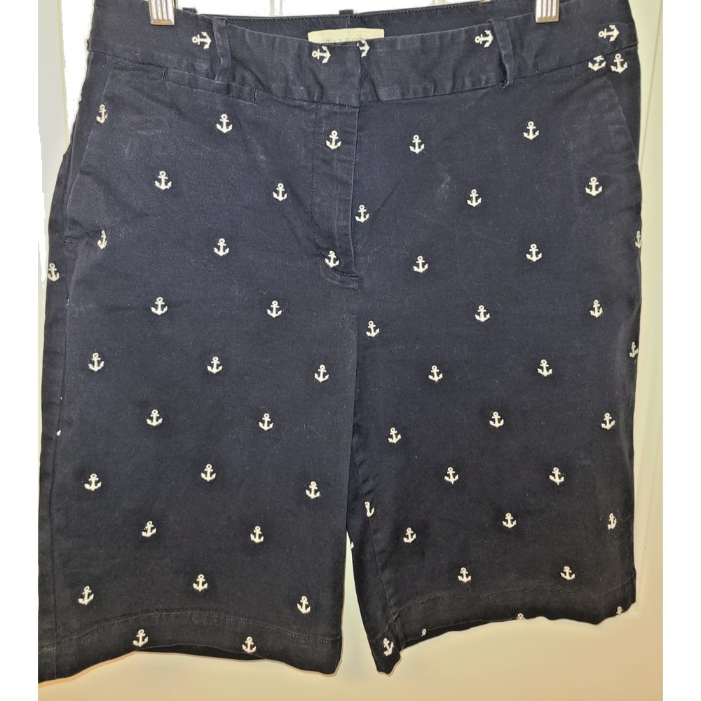 TALBOTS navy Blue Anchor Nautical‎ Embroider Cotton Bermuda Shorts sz 10 Preppy